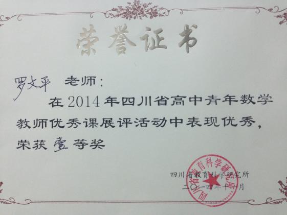 罗文平获奖证书